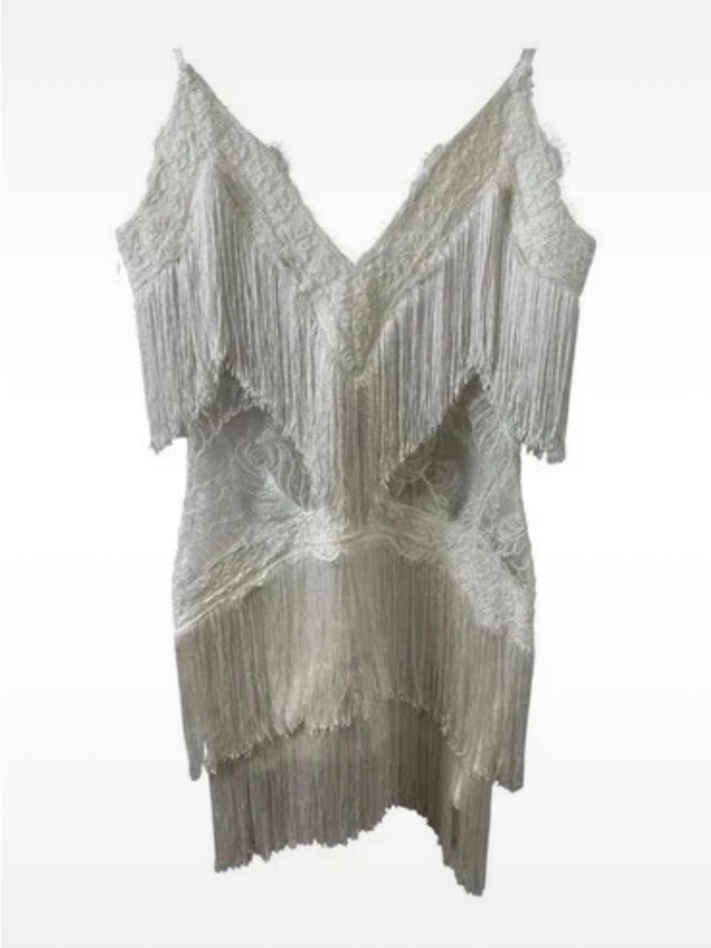 New rare designer  White Lace Mesh Fringe Dress
